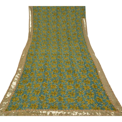 Sanskriti Vintage Blue Sarees Blend Georgette Floral Printed Sari Craft Fabric, PRG-9853