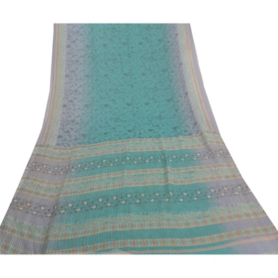 Sanskriti Vintage Blue Sarees Poly Georgette Printed Sari Craft Fabric, PRG-9981
