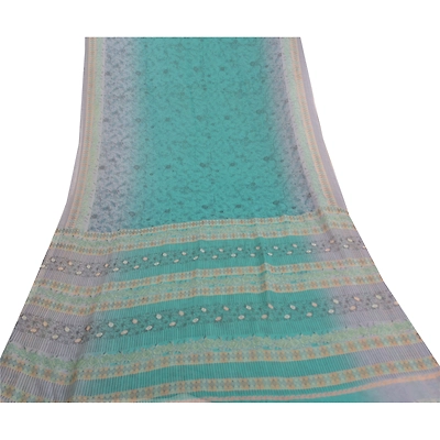 Sanskriti Vintage Blue Sarees Poly Georgette Printed Sari Craft Fabric, PRG-9981