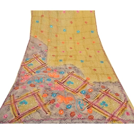Sanskriti Vintage Sarees Blend Georgette Printed Hand Beaded Sari Craft Fabric, PRG-8205