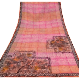Sanskriti Vintage Pink Sarees Blend Georgette Printed Sari 5Yd Craft Soft Fabric, PRG-5858