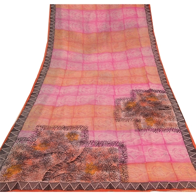 Sanskriti Vintage Pink Sarees Blend Georgette Printed Sari 5Yd Craft Soft Fabric, PRG-5858