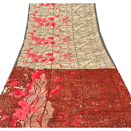 Sanskriti Vintage Cream Indian Sari Georgette Craft Printed Fabric 5 Yard Sarees, PRG-5317