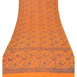 Sanskriti Vintage Saffron Sarees Blend Georgette Printed Sari Craft 5 Yd Fabric, PRG-5293