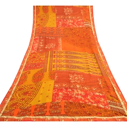 Sanskriti Vintage Sarees Poly Georgette Orange Printed Sari Floral Craft Fabric, PRG-10145