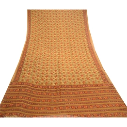 Sanskriti Vintage Brown Sarees Pure Chiffon Silk Printed Sari 5Yd Craft Fabric, PRG-10938