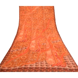 Sanskriti Vintage Sarees Red Printed Pure Georgette Silk Sari Soft Craft Fabric, PRG-11974