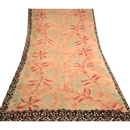 Sanskriti Vintage Peach Printed Sarees Pure Georgette Silk Sari 5Yd Craft Fabric, PRG-10806