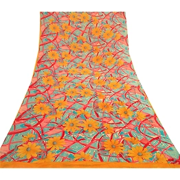 Sanskriti Vintage Sarees Multi Pure Georgette Silk Printed Sari 5Yd Craft Fabric, PRG-12062