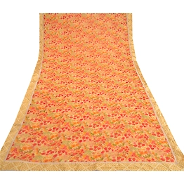 Sanskriti Vintage Red Sarees Printed Georgette Sari Floral 5Yd Soft Craft Fabric, PRG-10775
