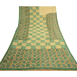 Sanskriti Vintage Saree Green Pure Georgette Silk Printed Sari Craft Soft Fabric, PRG-12219