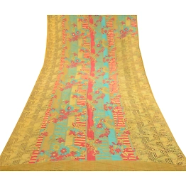 Sanskriti Vintage Saree Green Pure Georgette Silk Printed Sari 5Yd Craft Fabric, PRG-12224