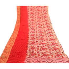 Sanskriti Vintage Sarees Red Blend Georgette Printed Zari Border Sari 5Yd Fabric, PRG-12108