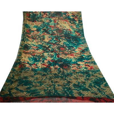 Sanskriti Vintage Green Tie-Dye Sarees Pure Chiffon Silk Print Sari Craft Fabric, PRG-11176