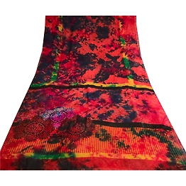 Sanskriti Vintage Red Tie-Dye Sarees Pure Georgette Silk Print Sari Craft Fabric, PRG-10261