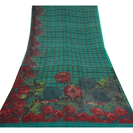 Sanskriti Vintage Green Sarees Pure Georgette Silk Printed Sari 5Yd Craft Fabric, PRG-9208