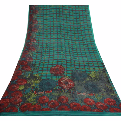 sanskriti vintage green sarees pure georgette silk printed sari 5yd craft fabric, prg-9208