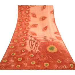 Sanskriti Vintage Sarees Brown Peacock Feather Pure Georgette Print Sari Fabric, PRG-12320