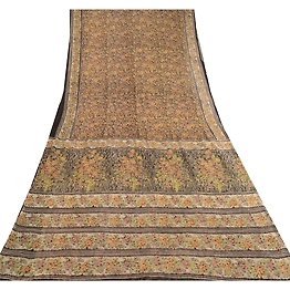 Sanskriti Vintage Saree Black Pure Chiffon Silk Printed Sari Soft Craft Fabric, PRG-12193