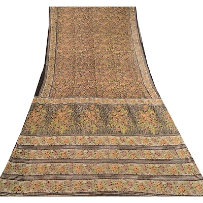 Sanskriti Vintage Saree Black Pure Chiffon Silk Printed Sari Soft Craft Fabric, PRG-12193