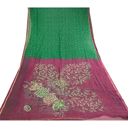 Sanskriti Vintage Green Sarees Pure Chiffon Silk Printed Zari Border Sari Fabric, PRG-11262