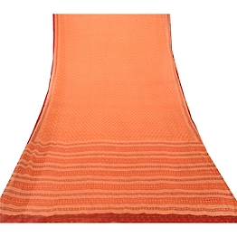 Sanskriti Vintage Saree Orange Printed Pure Chiffon Silk Sari 5Yd Craft Fabric, PRG-12139