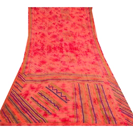 Sanskriti Vintage Red Tie-Dye Sarees Pure Georgette Silk Print Sari Craft Fabric, PRG-11384
