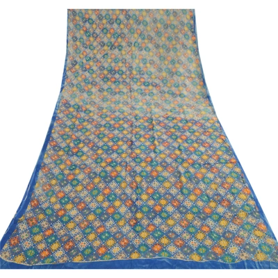 Sanskriti Vintage Saree Blue Blend Georgette Printed Sari Floral Craft Fabric, PRG-12262