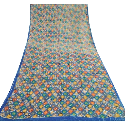 Sanskriti Vintage Saree Blue Blend Georgette Printed Sari Floral Craft Fabric, PRG-12262