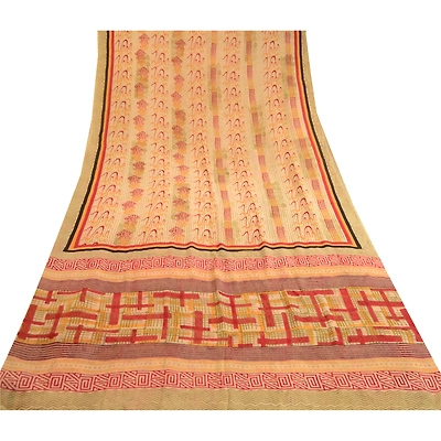 Sanskriti Vintage Sarees Cream Pure Georgette Silk Printed Sari 5Yd Craft Fabric, PRG-11450