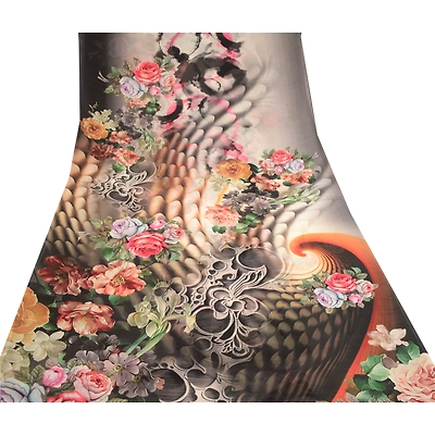 Sanskriti Vintage Sarees Gray Digital Printed Georgette Sari Soft Craft Fabric, PRG-11537