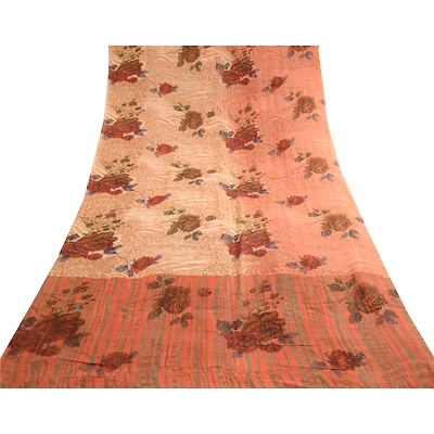 Sanskriti Vintage Sarees Peach Pure Georgette Silk Printed Sari 5Yd Craft Fabric, PRG-12369
