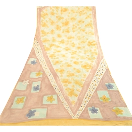 Sanskriti Vintage Sarees Pale Cream Pure Georgette Silk Print Sari Craft Fabric, PRG-11879