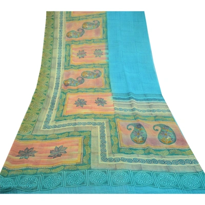 Sanskriti Vintage Blue Sarees Pure Georgette Silk Printed Sari Craft Fabric, PRG-10310