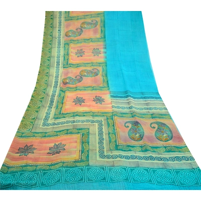 Sanskriti Vintage Blue Sarees Pure Georgette Silk Printed Sari Craft Fabric, PRG-10310