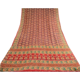 Sanskriti Vintage Sarees From India Red Pure Georgette Silk Printed Sari Fabric, PRG-12388