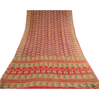 Sanskriti Vintage Sarees From India Red Pure Georgette Silk Printed Sari Fabric, PRG-12388