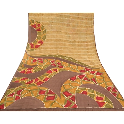 Sanskriti Vintage Beige Sarees Pure Georgette Silk Printed Sari Craft Fabric, PRG-10091