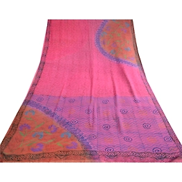 Sanskriti Vintage Sarees Blue Block Print Pure Georgette Silk Sari Craft Fabric, PRG-12392