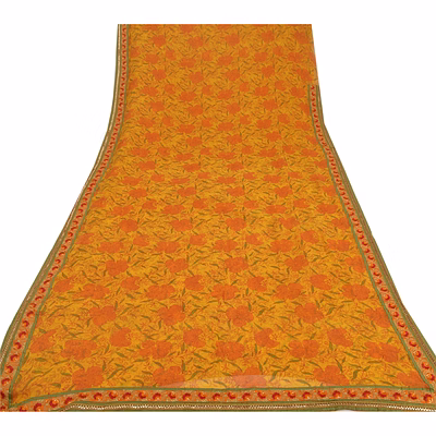 sanskriti vintage yellow sarees blend georgette printed sari 5 yard craft fabric, prg-6207