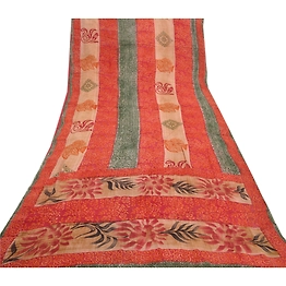 Sanskriti Vintage Red Saree Blend Georgette Printed Sari 5 Yard Craft Fabric, PRG-8709