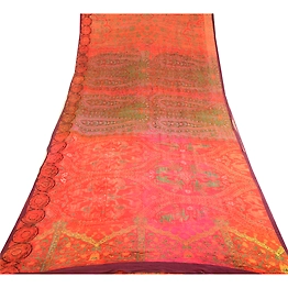 Sanskriti Vintage Sarees Red 100% Pure Georgette Silk Printed Sari Craft Fabric, PRG-12517