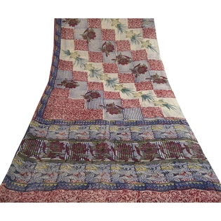 Sanskriti Vintage Blue Sarees Block Printed Blend Georgette Sari Craft Fabric, PRG-4970