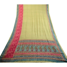 Sanskriti Vintage Sarees Green Pure Chiffon Silk Printed Sari Soft Craft Fabric, PRG-12473