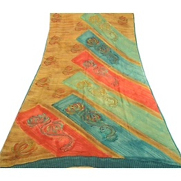 Sanskriti Vintage Sarees Saffron Pure Georgette Silk Printed Sari Craft Fabric, PRG-472