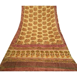 Sanskriti Vintage Cream Peacock Printed Saree Pure Georgette Silk Sari Fabric, PRG-3237
