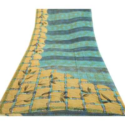 Sanskriti Vintage Blue From India Sarees Printed Georgette Sari 5Yd Craft Fabric, PRG-2405