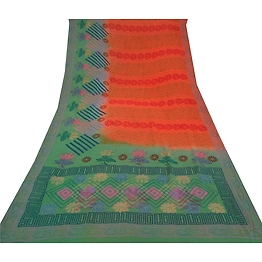 Sanskriti Vintage Green & Orange Sarees 100% Pure Georgette Printed Sari Craft, PRG-9955