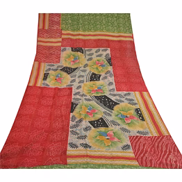 sanskriti vintage pure georgette silk sarees green printed sari 5yd craft fabric, prg-10373