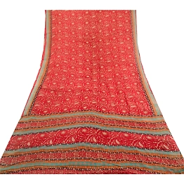 Sanskriti Vintage Dark Red Sarees Blend Georgette Printed Sari Craft Fabric, PRG-3545